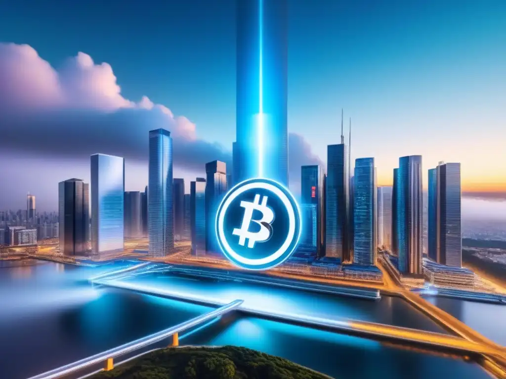 Metrópolis futurista: fusión de criptomonedas y bienes raíces Un paisaje urbano futurista con rascacielos y símbolos de criptomonedas, mostrando la influencia de las criptomonedas en inversiones inmobiliarias