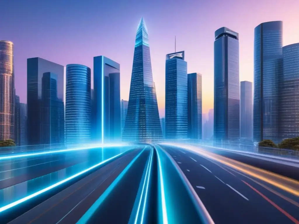 Metrópolis futurista: inversión en criptomonedas y mercado inmobiliario Un paisaje urbano futurista con rascacielos relucientes, inversores y gráficos holográficos