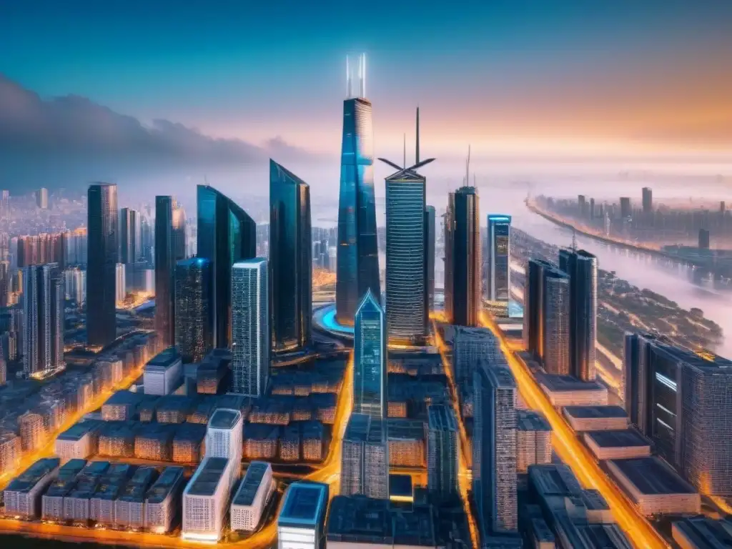 Metrópolis futurista: rascacielos y criptomonedas en alta resolución Un paisaje urbano futurista con rascacielos modernos y símbolos de criptomonedas, representando la inversión inmobiliaria con criptomonedas en un mundo tecnológicamente avanzado