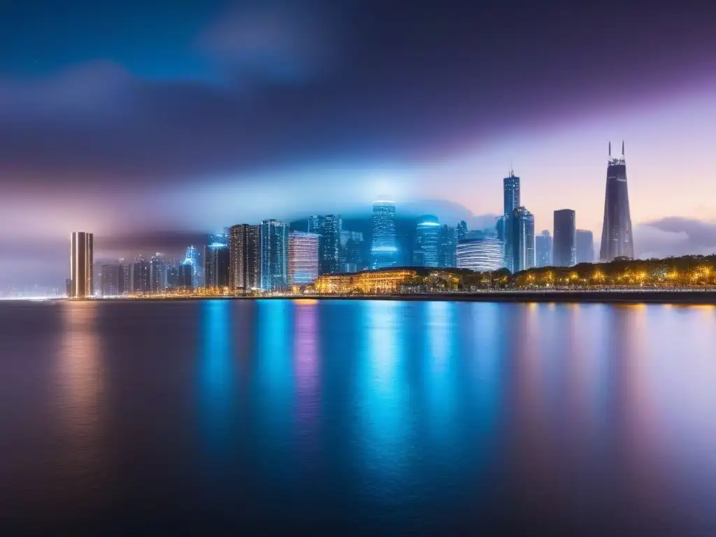 Cityscape futurista con criptomonedas brillantes en 8k Un paisaje urbano futurista con rascacielos iluminados por criptomonedas, reflejados en un río brillante