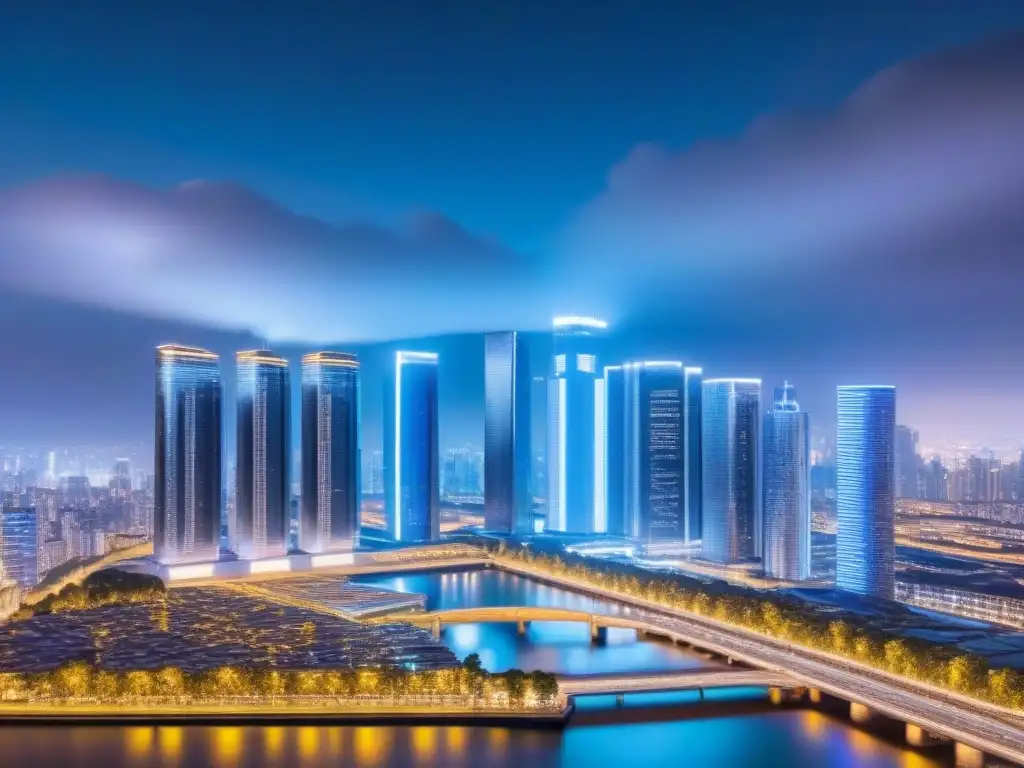 Metropolis futurista: Criptomonedas y bienes raíces en armonía Un paisaje urbano futurista con rascacielos tecnológicos mostrando gráficos de criptomonedas y listados inmobiliarios
