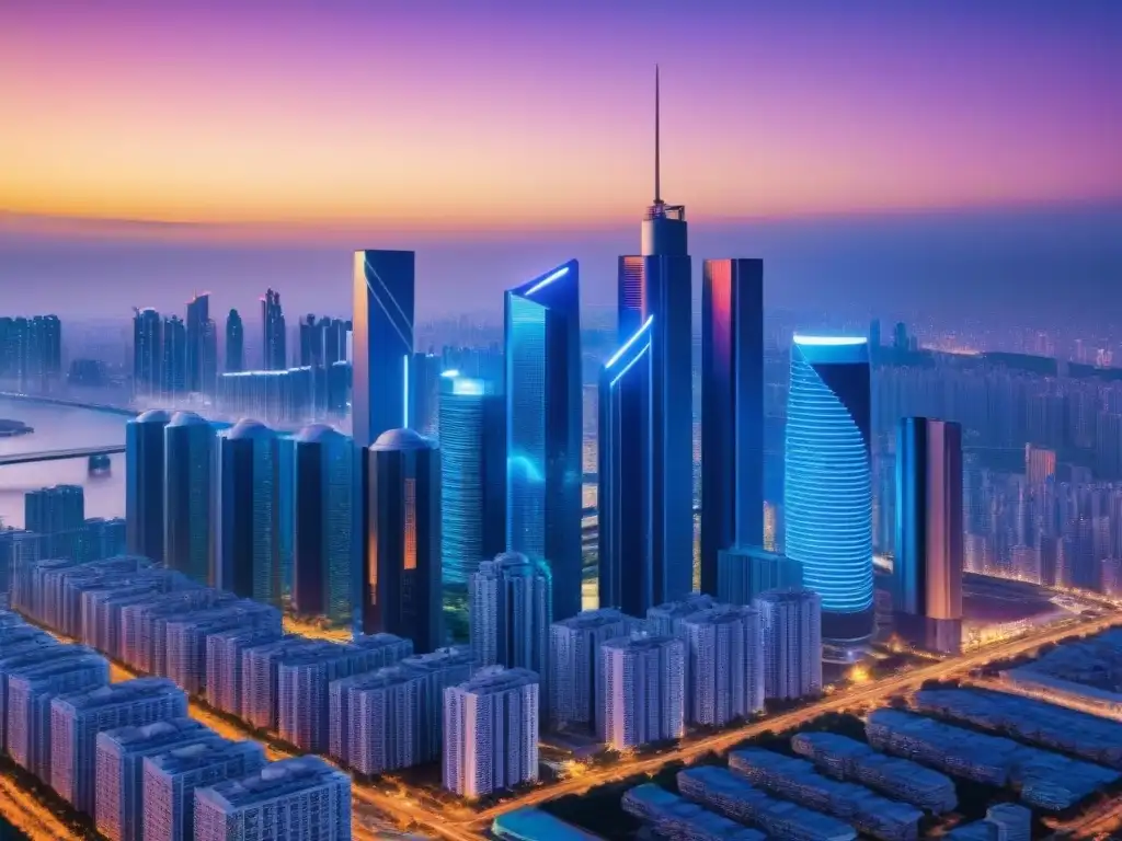 Metrópolis futurista: riqueza inmobiliaria y criptomonedas Un paisaje urbano futurista al anochecer con rascacielos iluminados por luces neón, y un edificio moderno con datos de criptomonedas