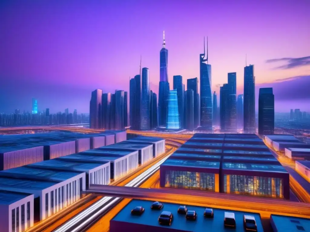 Metrópolis futurista al atardecer: innovación y tecnología en la ciudad Un paisaje urbano futurista al anochecer, con rascacielos iluminados y vehículos autónomos, reflejando innovación y tendencias demográficas en REITs