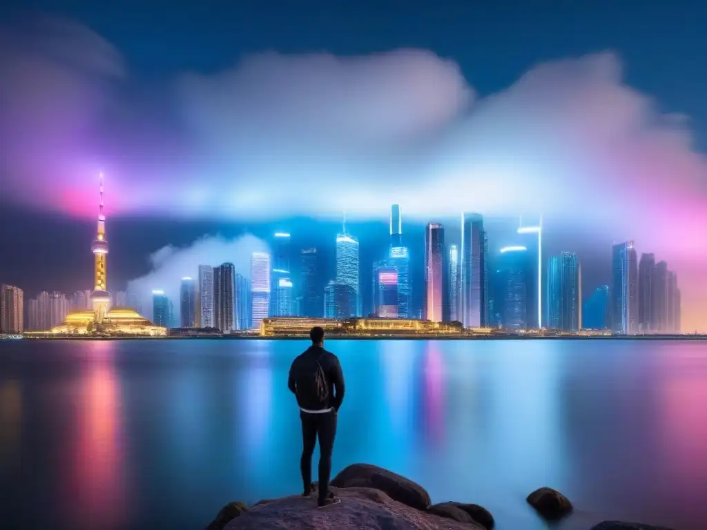 Metrópolis futurista: luces de neón en la noche Un paisaje urbano futurista con rascacielos iluminados por luces de neón reflejadas en el agua, integrando Plataformas PropTech mercado inmobiliario