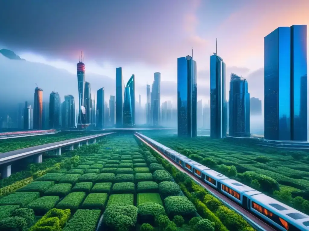 Metrópolis futurista: arquitectura moderna y sostenible en 8k Un paisaje urbano futurista con rascacielos y naturaleza, simbolizando avances en bienes raíces internacionales global