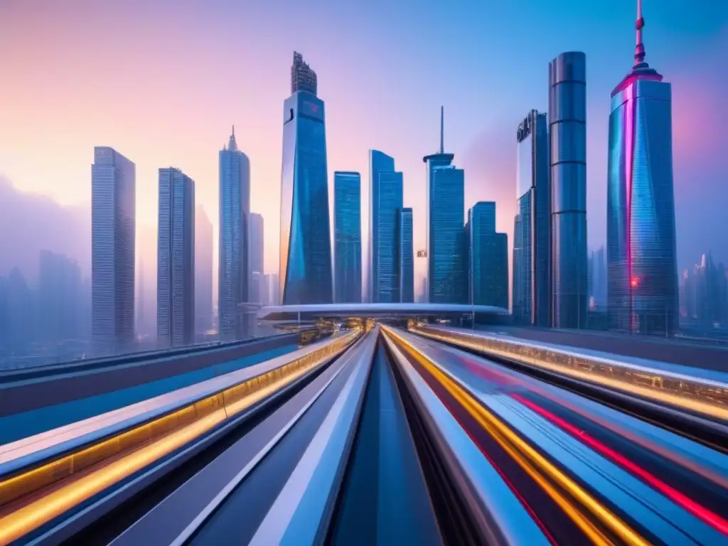 Metrópolis futurista: Regulación PropTech global Un paisaje urbano futurista al anochecer, con rascacielos elegantes, sistemas de transporte avanzados y carteles digitales
