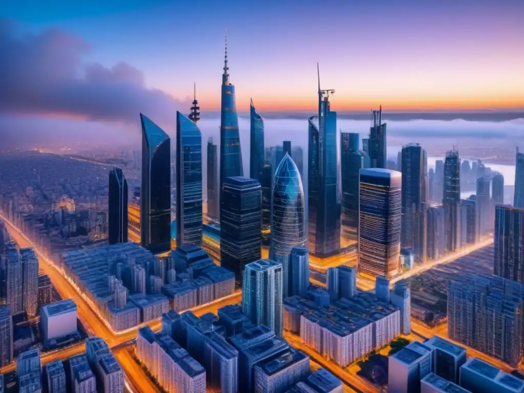 Metrópolis futurista: PropTech de vanguardia en 8k Un paisaje urbano futurista con rascacielos integrando Herramientas PropTech para inversionistas, iluminado por luces de la ciudad