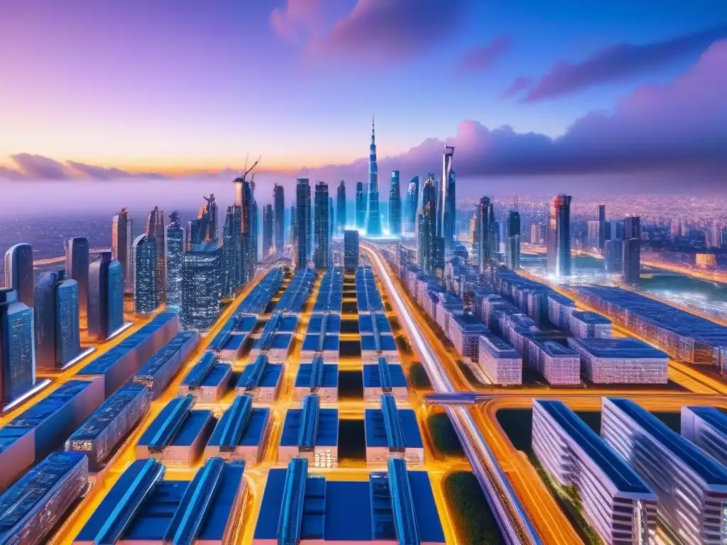 Horizonte futurista: ciudad inteligente con rascacielos interconectados y tecnología avanzada Un paisaje urbano futurista con rascacielos interconectados, iluminados con luces vibrantes y tecnología avanzada