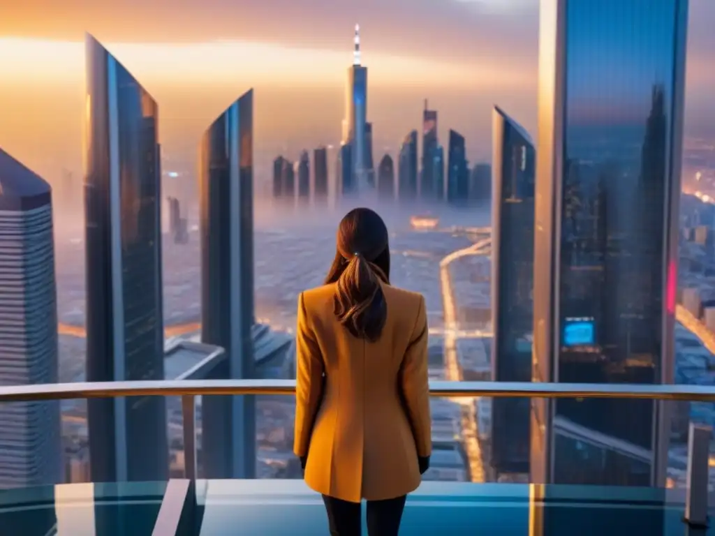 Metrópolis futurista: atardecer dorado en la ciudad tecnológica Un paisaje urbano futurista con rascacielos relucientes y drones, iluminado por un cálido atardecer