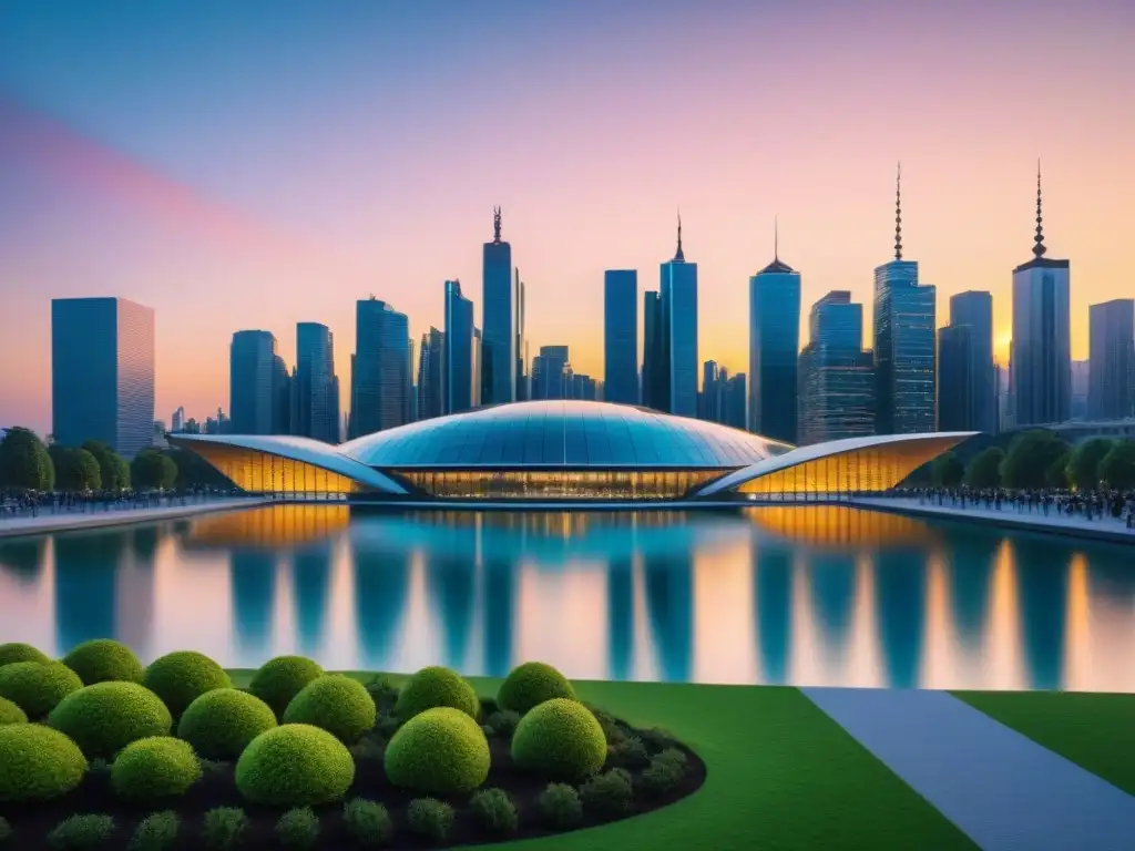 Un paisaje urbano futurista con rascacielos y parque innovador