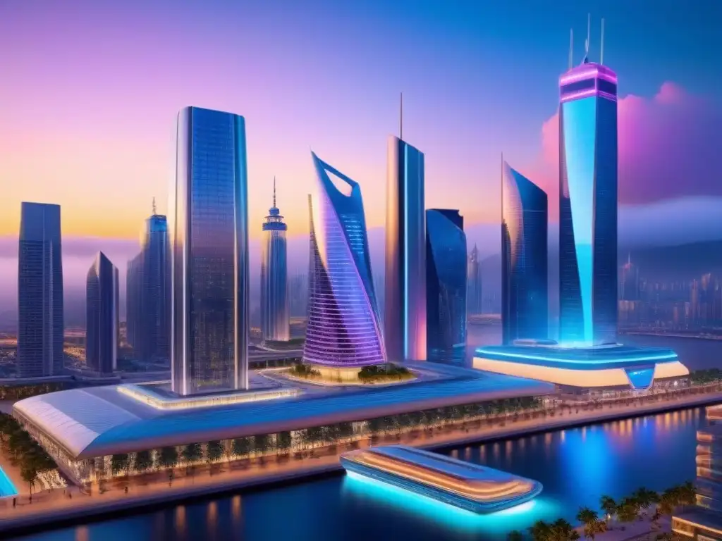 Metrópolis futurista: innovación y tecnología en acción Un paisaje urbano futurista al anochecer, con rascacielos elegantes y luces de neón vibrantes