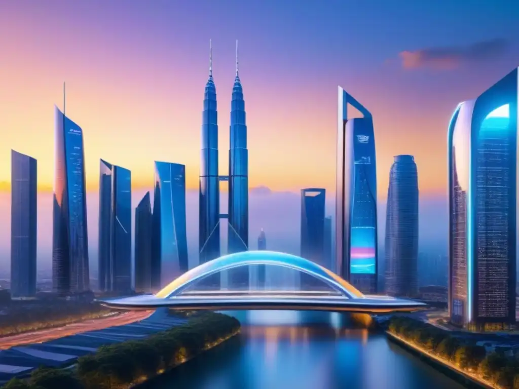 Metrópolis futurista: inversión inmobiliaria con IA Un paisaje urbano futurista con rascacielos relucientes bañados por la cálida luz de un sol poniente