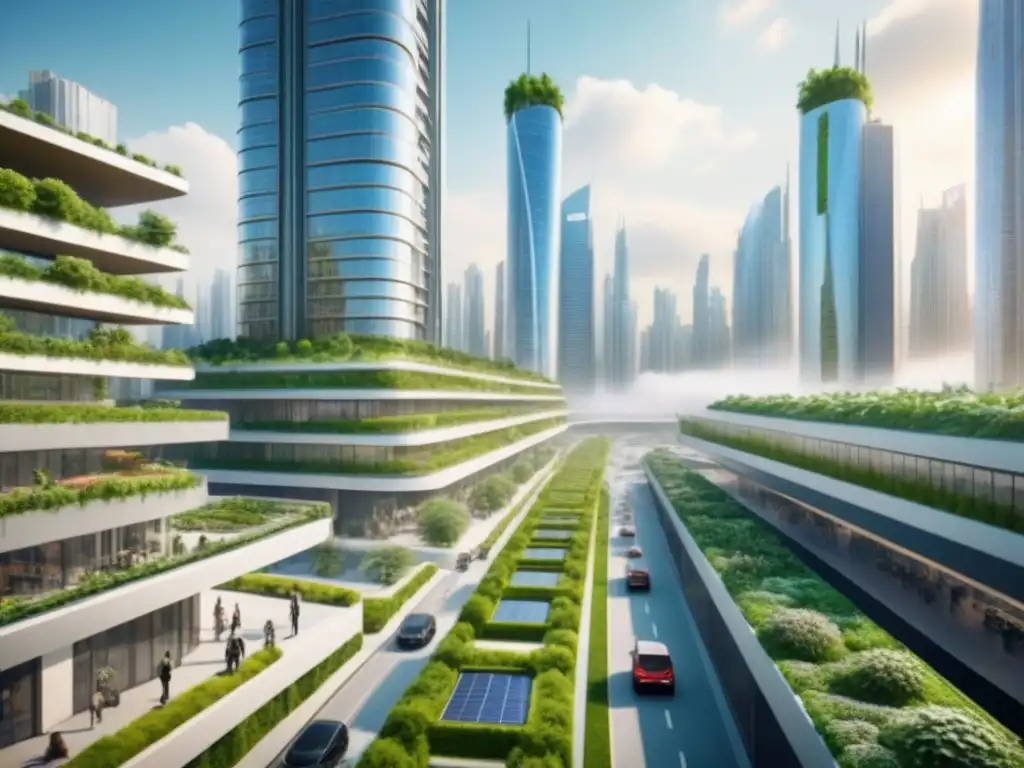 Metrópolis futurista: armonía entre urbanismo y sostenibilidad Un paisaje urbano futurista con rascacielos conectados y áreas verdes integradas, reflejando las tendencias desarrollos inmobiliarios integrados