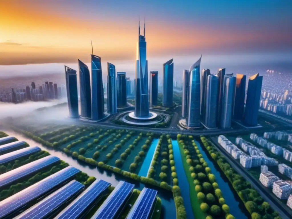 Horizonte futurista: ciudad sostenible y tecnológica en 8k Un paisaje urbano futurista con rascacielos reflectantes al atardecer dorado, vehículos autónomos y drones en el aire, ideal para inversionistas globales mercado inmobiliario