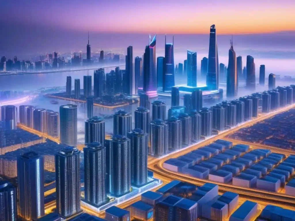 Metrópolis futurista en 8k: luces neón y progreso urbano Un paisaje urbano futurista con rascacielos imponentes, edificios de vidrio y sistemas de transporte avanzados integrados
