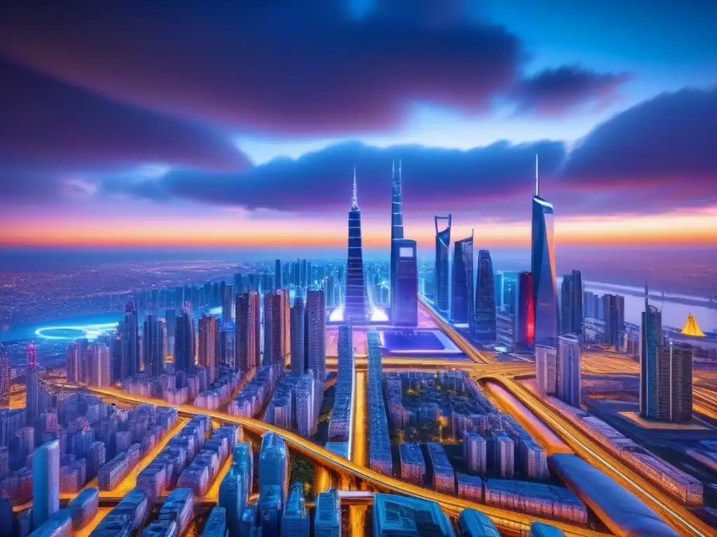 Metrópolis futurista en neon: real estate y tecnología global Un paisaje urbano futurista con rascacielos y trenes de alta velocidad, bañado en luces de neón