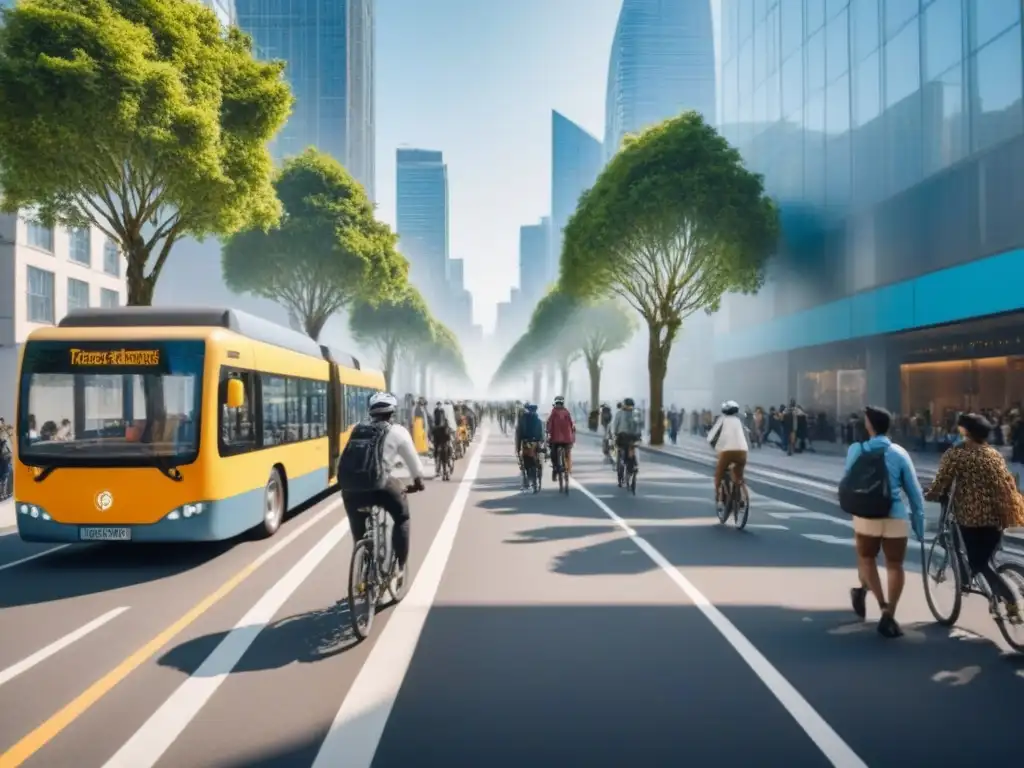 Metrópolis sostenible del futuro: ecoedificios y transporte verde Un paisaje urbano futurista con rascacielos ecológicos, peatones y vehículos eléctricos, simbolizando la resiliencia urbana frente al cambio climático