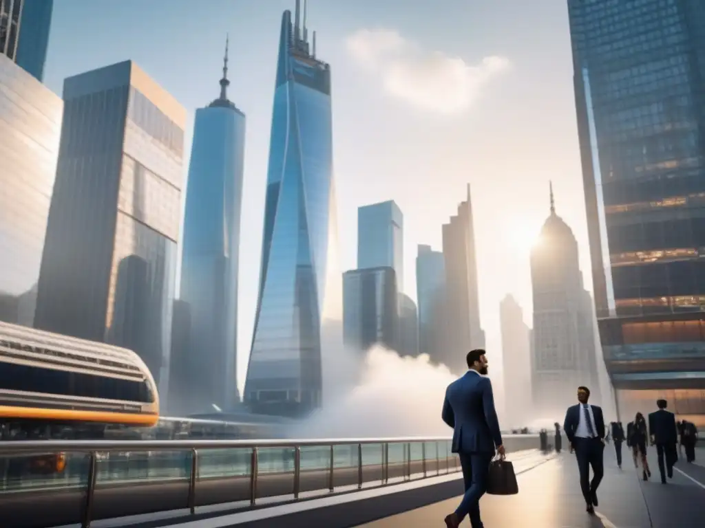 Metrópolis moderna: skyline futurista y dinámico Un paisaje urbano futurista con rascacielos relucientes y una arquitectura moderna, reflejando la vitalidad de la economía global