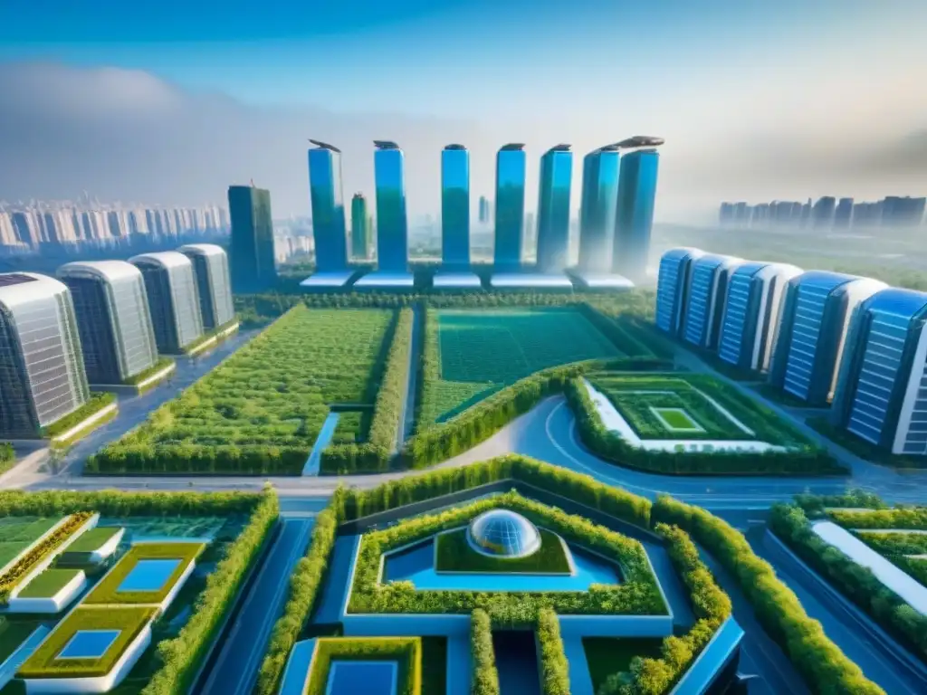 Metrópolis futurista: arquitectura sostenible en armonía con la naturaleza Un paisaje urbano futurista con rascacielos sostenibles integrados en espacios verdes, reflejando arquitectura moderna y naturaleza en armonía