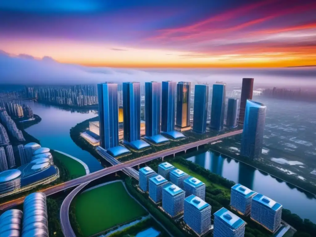 Metrópolis futurista: mezcla de naturaleza y arquitectura moderna Un paisaje urbano futurista con rascacielos y edificios transparentes, reflejando colores del atardecer