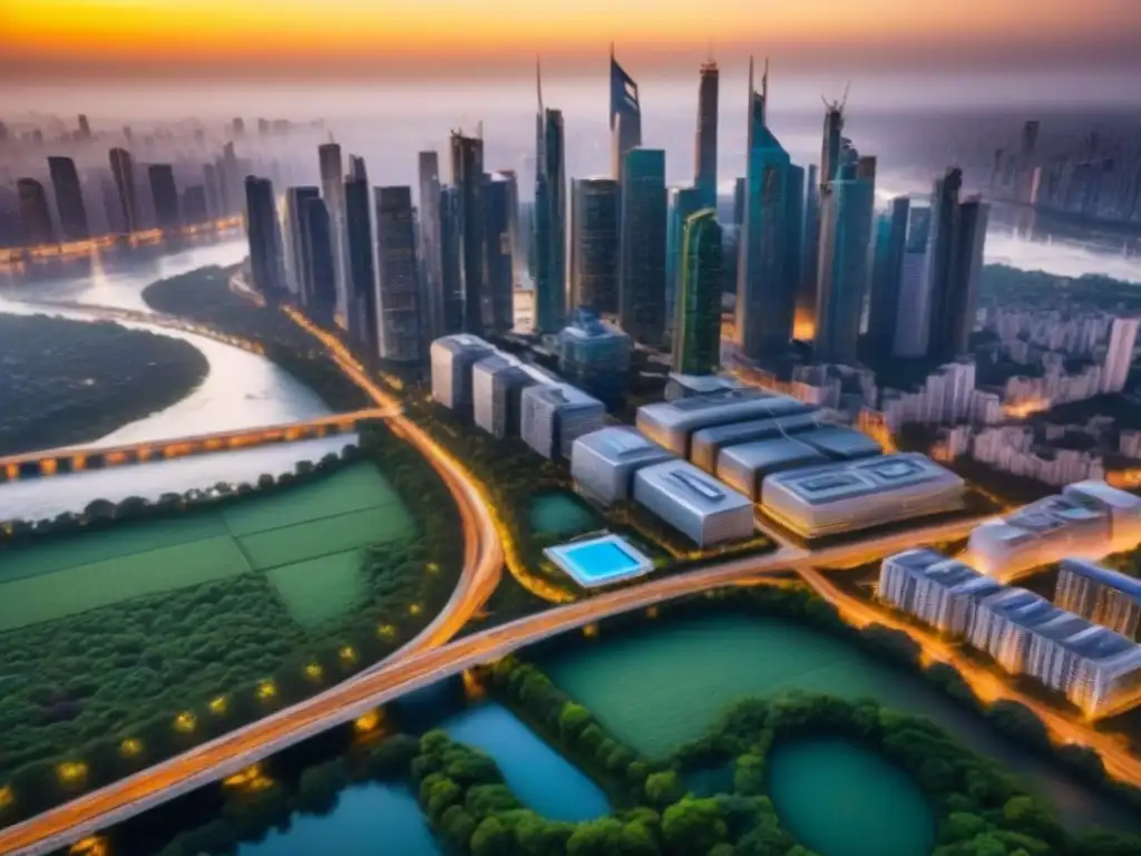 Metrópolis futurista: arquitectura innovadora y espacios verdes integrados Un paisaje urbano futurista con rascacielos elegantes y espacios verdes integrados, reflejando las tendencias diseño mercado inmobiliario emergente