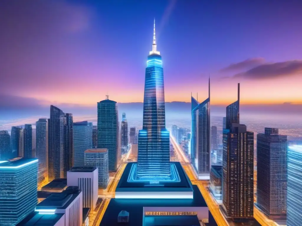 Metrópolis futurista: datos en tiempo real del mercado inmobiliario Un paisaje urbano futurista en 8k con rascacielos relucientes y sistemas de transporte avanzados, iluminado por luces de neón