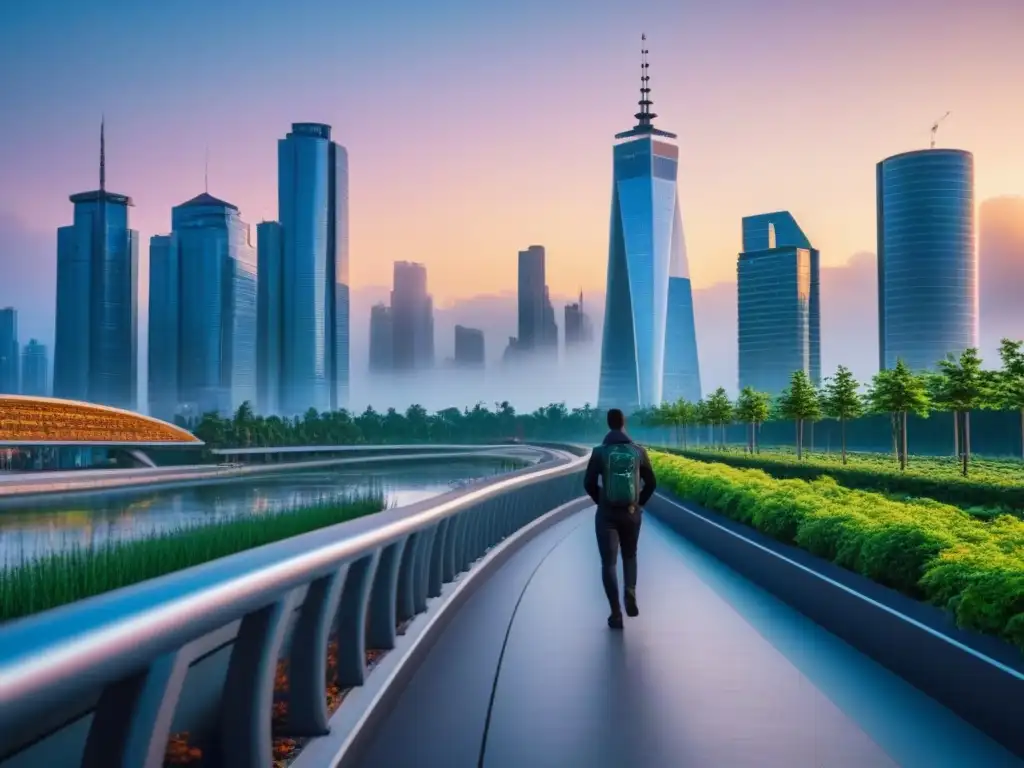 Futurismo urbano: ciudad en 8k al atardecer Un paisaje urbano futurista con rascacielos modernos, ríos y puentes, reflejando innovación y desarrollo inmobiliario fronterizo internacional