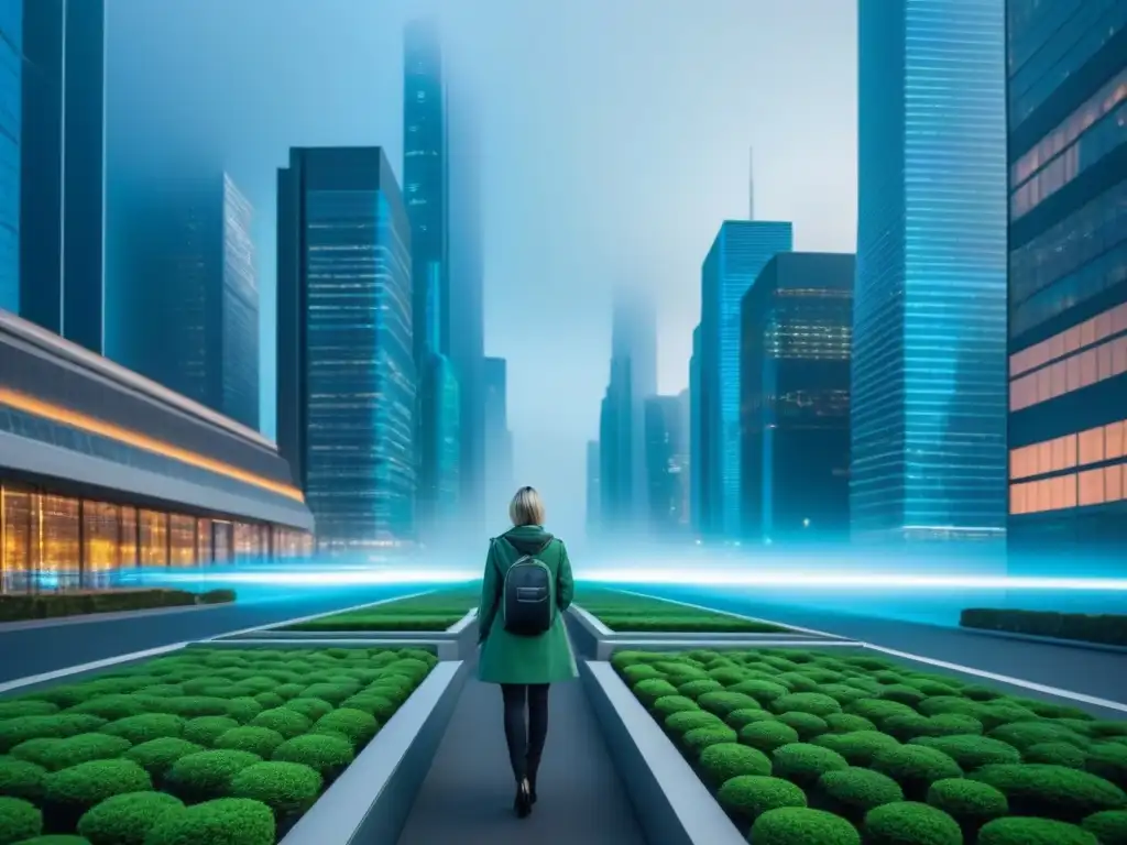 Cityscape blockchain: innovación transparente en tiempo real Un paisaje urbano futurista con rascacielos modernos y patrones blockchain, reflejando la Tecnología Blockchain en mercado inmobiliario