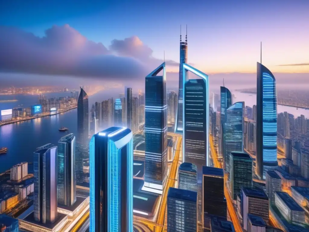 Metrópolis futurista: luces, hologramas y tecnología avanzada Un paisaje urbano futurista con rascacielos iluminados y gráficos financieros holográficos, representando el financiamiento inmobiliario internacional tecnología