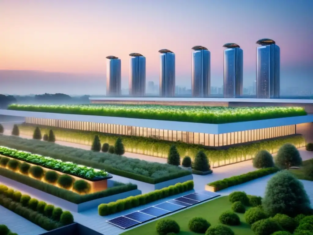 Horizonte urbano futurista eco-friendly al atardecer Un paisaje urbano futurista al anochecer con rascacielos sostenibles rodeados de vegetación, energía limpia y transporte ecológico