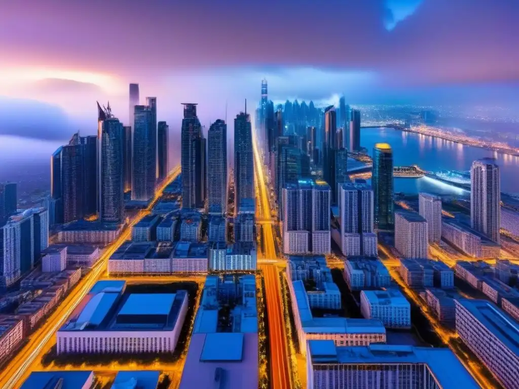 Metrópolis futurista: luces y tecnología en la noche Un paisaje urbano futurista con rascacielos iluminados por luces vibrantes en una ciudad líder en propiedades de alta tecnología