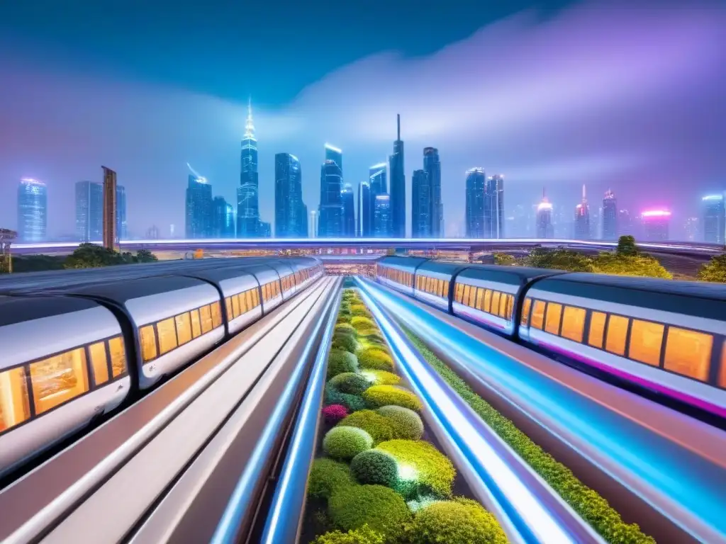 Metrópolis futurista: arquitectura moderna y sostenible en crecimiento Un paisaje urbano futurista con rascacielos, jardines en azoteas verdes y calles llenas de vehículos eléctricos