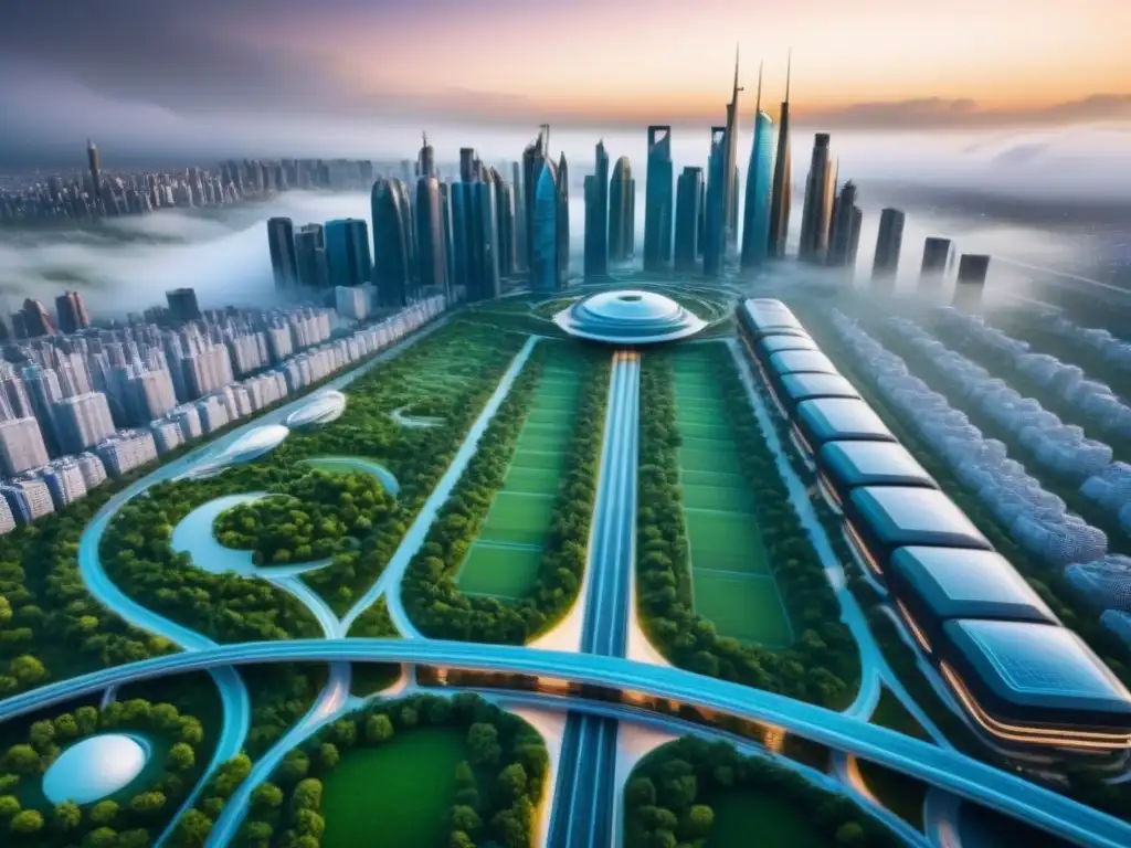 Metrópolis futurista: diseño arquitectónico innovador 2023 Un paisaje urbano futurista con rascacielos elegantes, espacios verdes y sistemas de transporte avanzados integrados, destacando la infraestructura y diseños arquitectónicos innovadores de los mercados inmobiliarios internacionales 2023