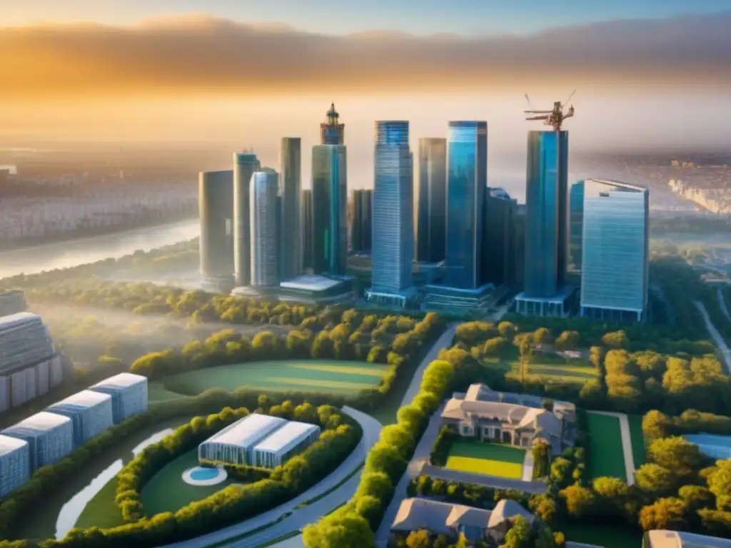 Metrópolis Futurista: Oportunidades en Bienes Raíces Un paisaje urbano futurista con rascacielos, espacios verdes y edificios residenciales, bañado por la cálida luz del atardecer