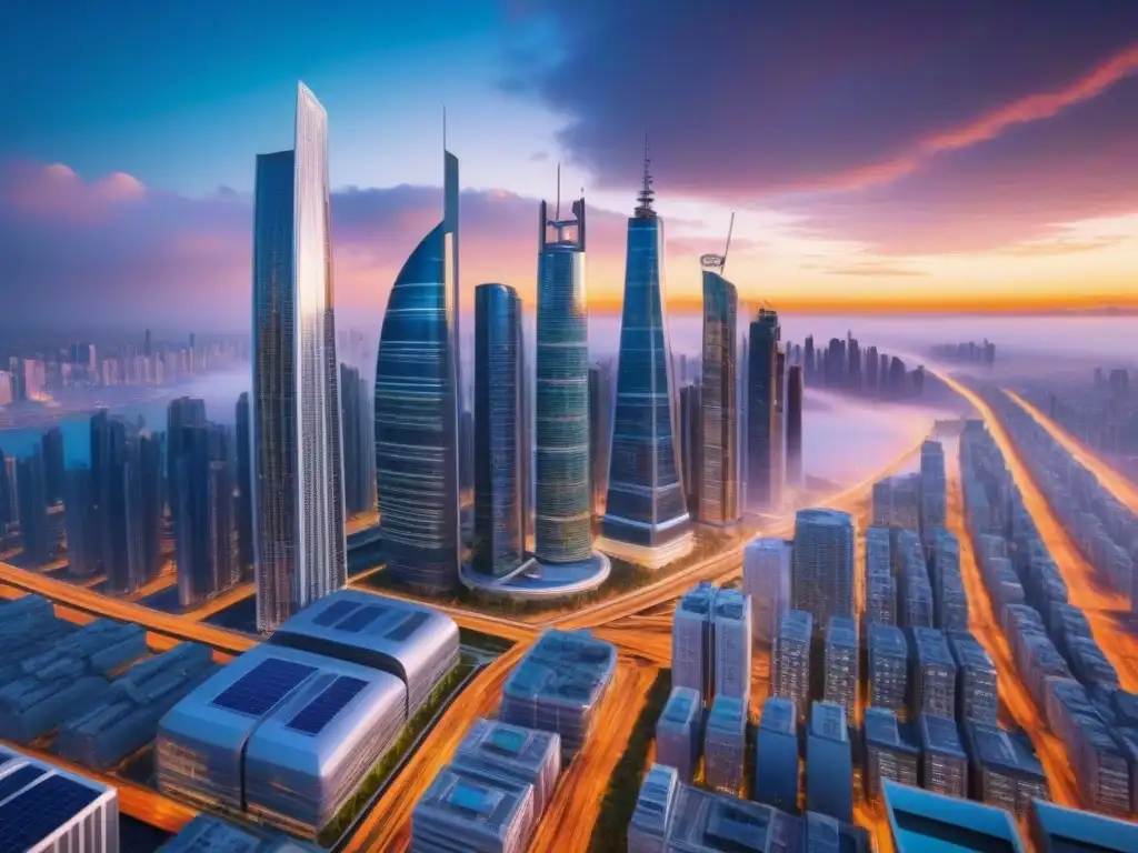 Metrópolis futurista: rascacielos eco en atardecer vibrante Un paisaje urbano futurista con rascacielos innovadores y gente diversa, simbolizando las predicciones del mercado inmobiliario internacional