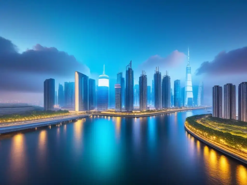 Metrópolis futurista: arquitectura innovadora y sostenible Un paisaje urbano futurista al anochecer, con rascacielos reflectantes y diseño arquitectónico innovador