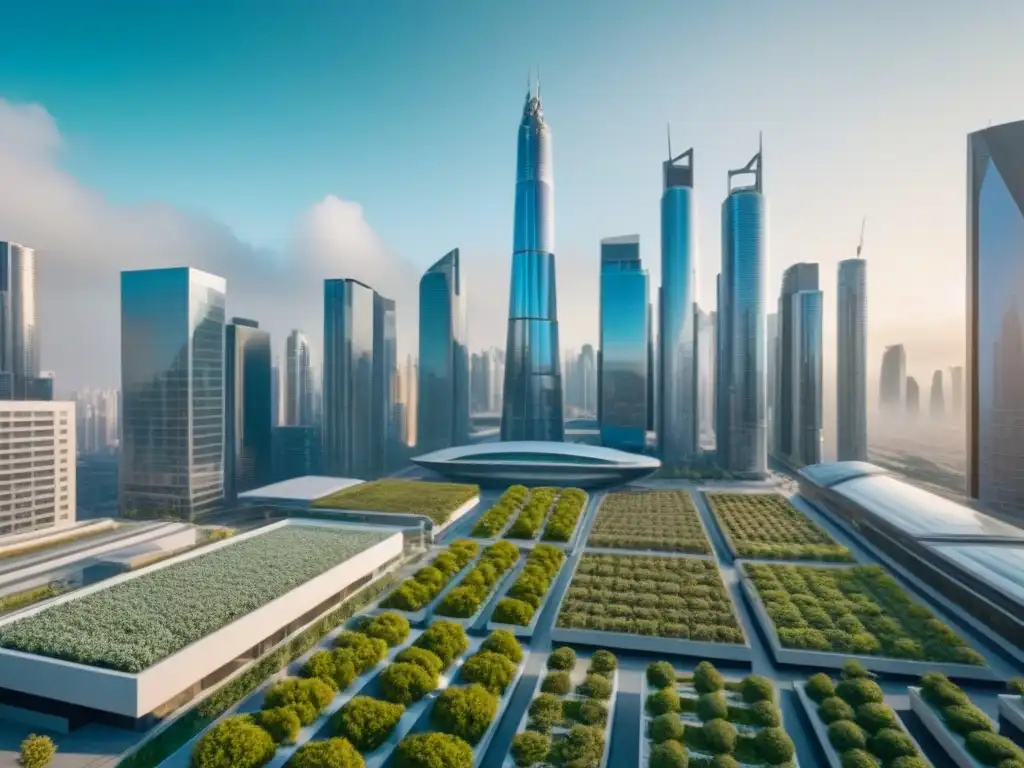 Metrópolis futurista: innovación y sostenibilidad en real estate Un paisaje urbano futurista con rascacielos innovadores y eficiencia energética