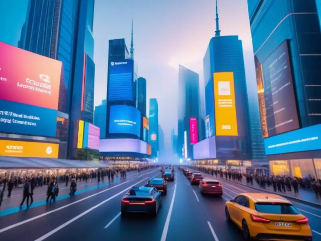 Metrópolis digital: innovación en el mercado inmobiliario internacional Un paisaje urbano futurista con rascacielos iluminados por pantallas digitales vibrantes, reflejando un mercado inmobiliario internacional empoderado por herramientas digitales