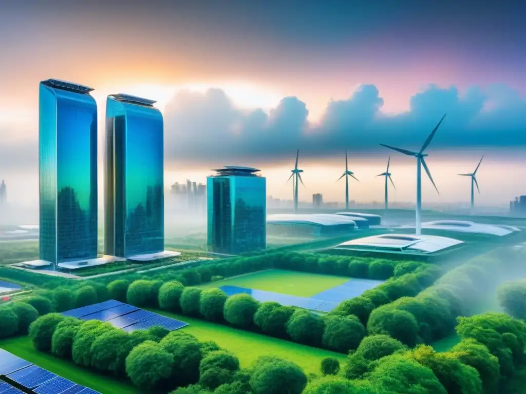 Metrópolis futurista eco-friendly: armonía entre tecnología y naturaleza Un paisaje urbano futurista con rascacielos verdes y tecnológicos