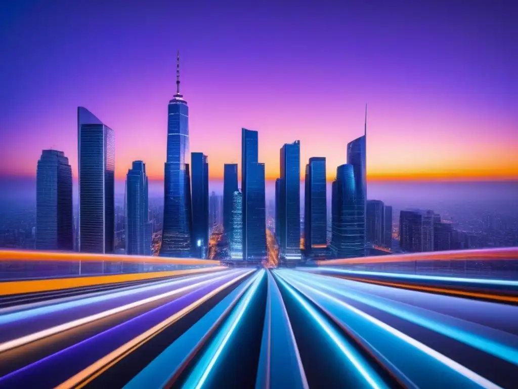 Metrópolis futurista: luces y tecnología en un horizonte innovador Un paisaje urbano futurista con rascacielos modernos, tecnología avanzada y luces vibrantes al caer la noche