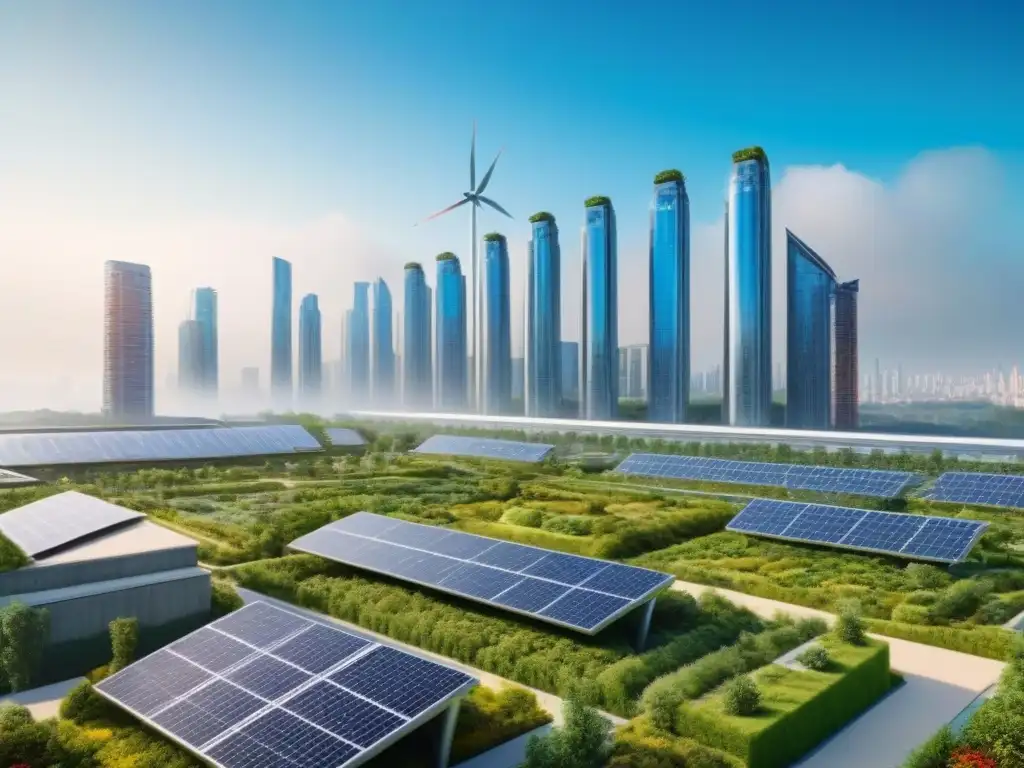 Horizonte urbano ecofriendly: arquitectura sostenible y moderna Un paisaje urbano futurista con rascacielos ecológicos y espacios verdes, mostrando una arquitectura moderna y sostenible