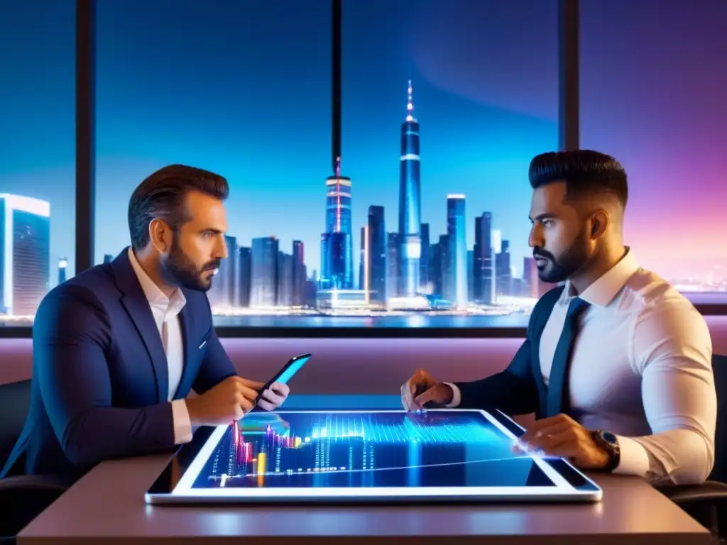 Un paisaje urbano futurista con rascacielos de vidrio y acero, luces neón y profesionales discutiendo sobre regulaciones fiscales