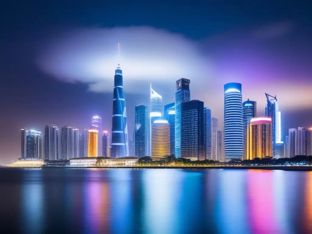 Skyline futurista: luces neón en la noche Un paisaje urbano futurista con rascacielos iluminados por luces de neón vibrantes, reflejándose en el agua