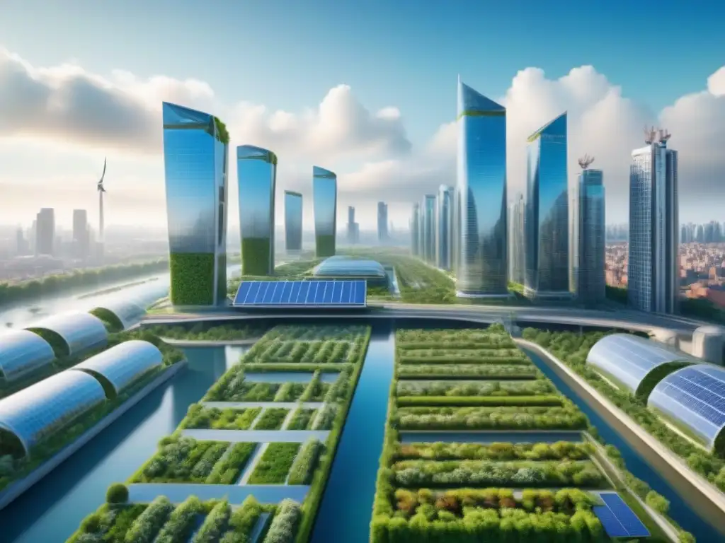 Metrópolis futurista sostenible con energía limpia y jardines verticales Un paisaje urbano futurista con rascacielos sostenibles, jardines verticales, paneles solares y vehículos eléctricos