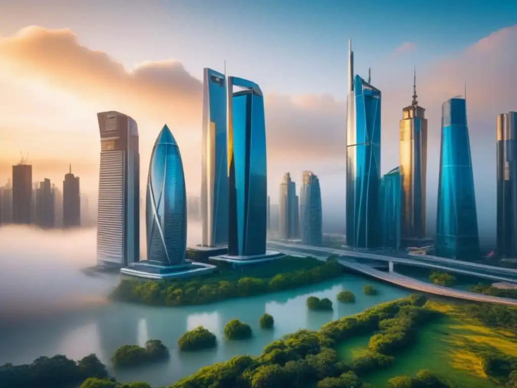 Cityscape futurista: rascacielos dorados en la puesta de sol Un paisaje urbano futurista con rascacielos relucientes, rodeados de vegetación exuberante bajo la luz dorada del atardecer
