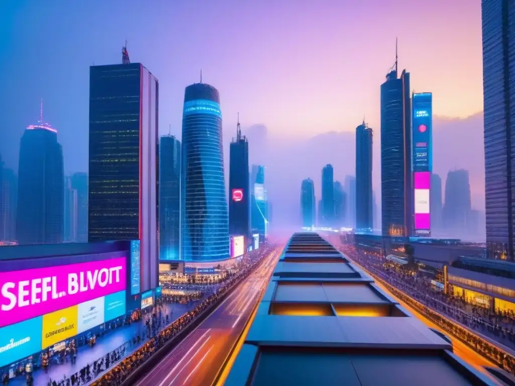 Metrópolis futurista: luces neón y diversidad en el atardecer Un paisaje urbano futurista al anochecer con rascacielos modernos y luces neón vibrantes