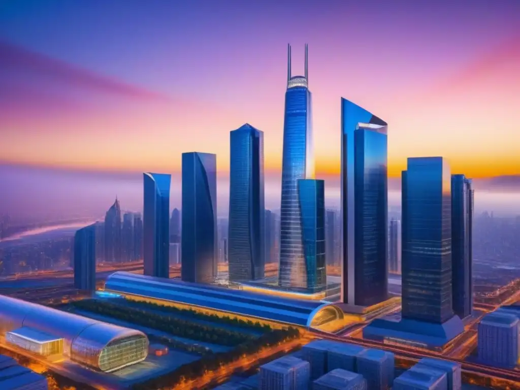 Metrópolis futurista: ciudad tecnológica y sostenible Un paisaje urbano futurista con rascacielos de vidrio y acero, reflejando un vibrante cielo al atardecer