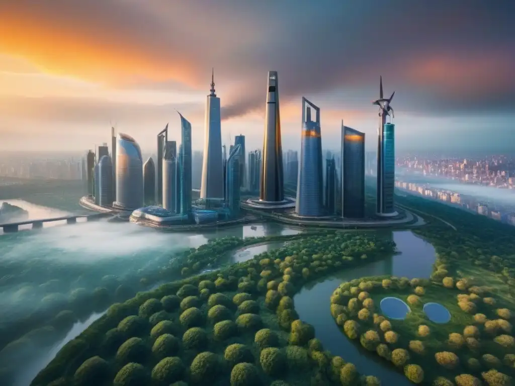 Horizonte futurista: ciudad eco-sostenible en 8k Un paisaje urbano futurista con rascacielos, naturaleza y energía renovable