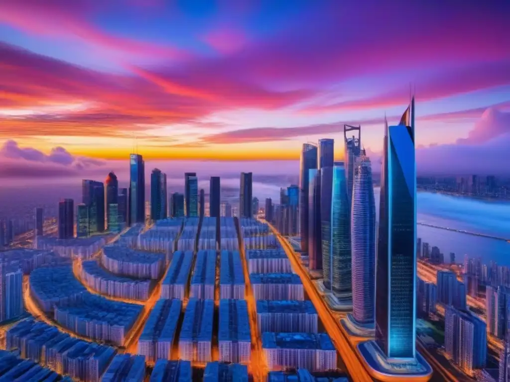 Metrópolis futurista: avance tecnológico en bienes raíces Un paisaje urbano futurista con rascacielos relucientes reflejando los tonos vibrantes del sol poniente y una red de luces brillantes