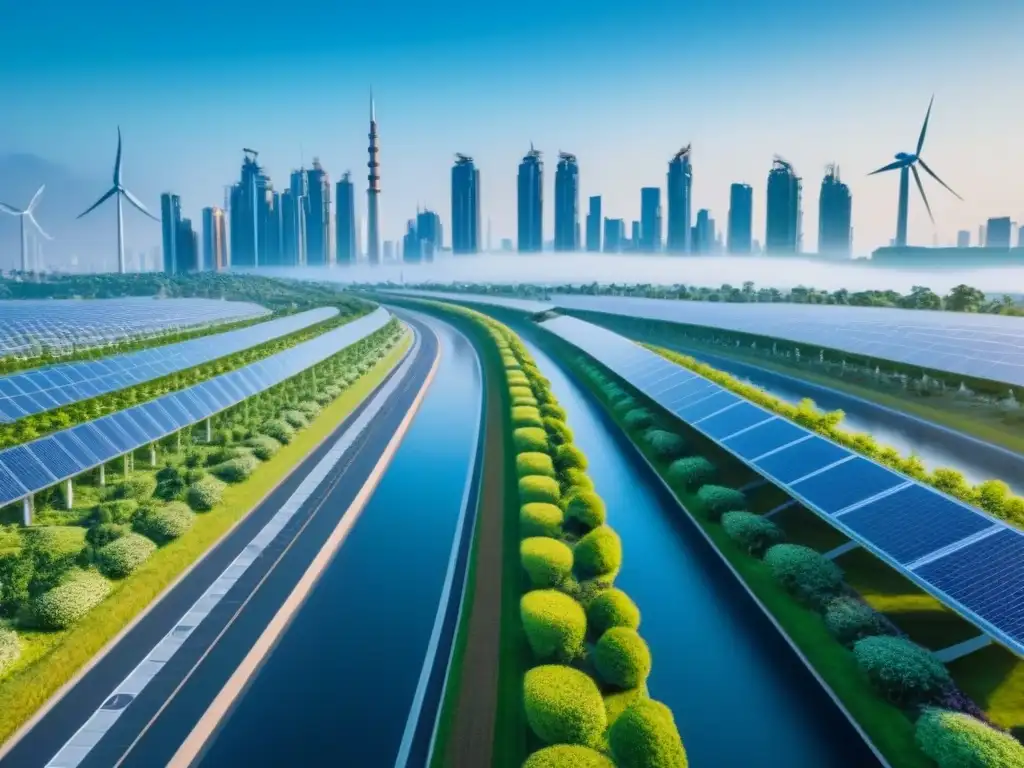 Metrópolis futurista eco-sostenible en 8k Un paisaje urbano futurista con rascacielos sostenibles y verde exuberante, mostrando la coexistencia entre desarrollo urbano y conciencia ambiental